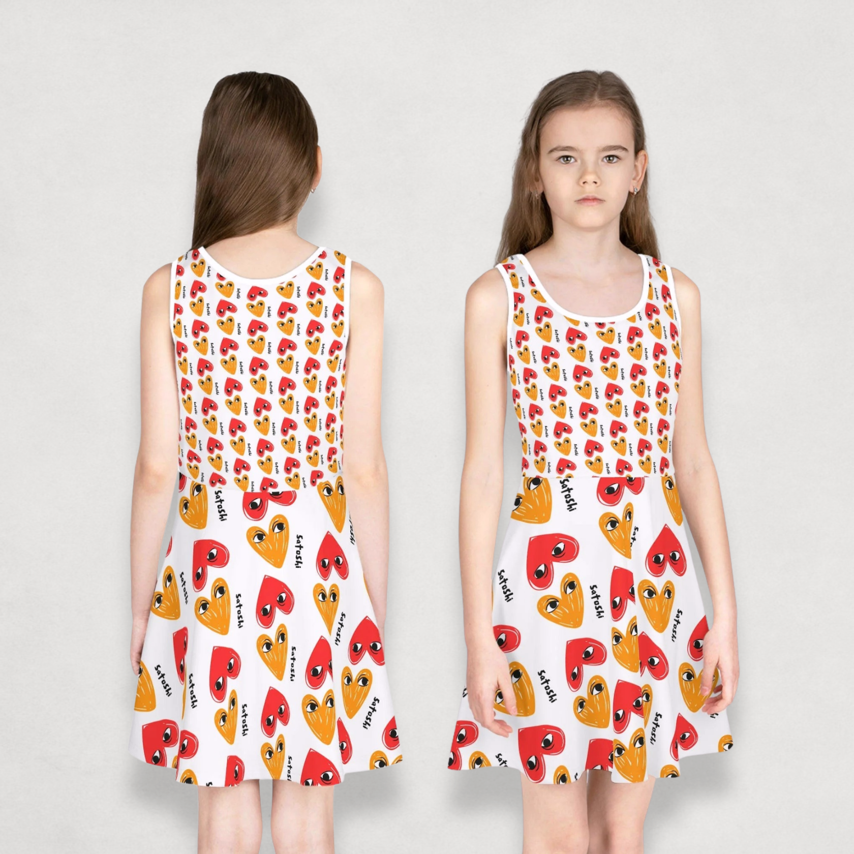 front and back image of a girl wearing the I heart Satoshi Girls Bitcoin Dress by lil'B at The Orange Habit 