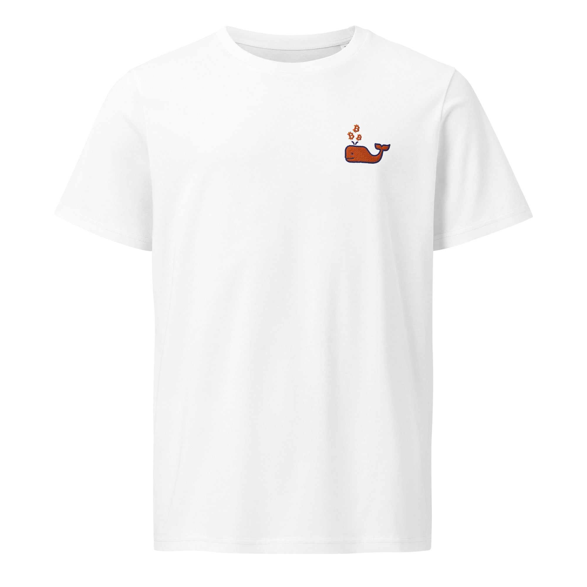 Organic Bitcoin T-shirt with minimalist whale design spouting Bitcoin B symbols, printed on a soft white-colored premium cotton tee. | The Orange Habit