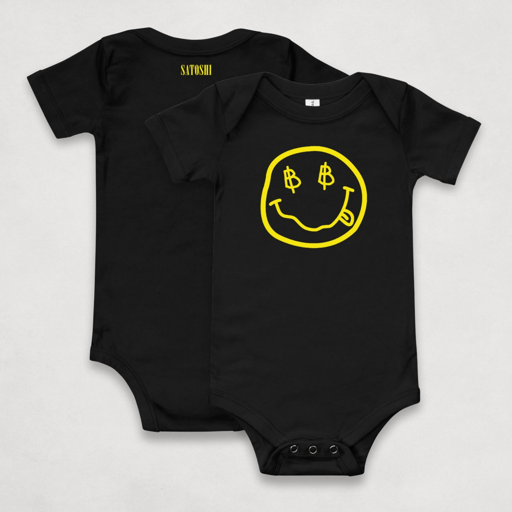 front and back image of the Black Satoshi Smiles Bitcoin Onesie for Infants by lil'B 