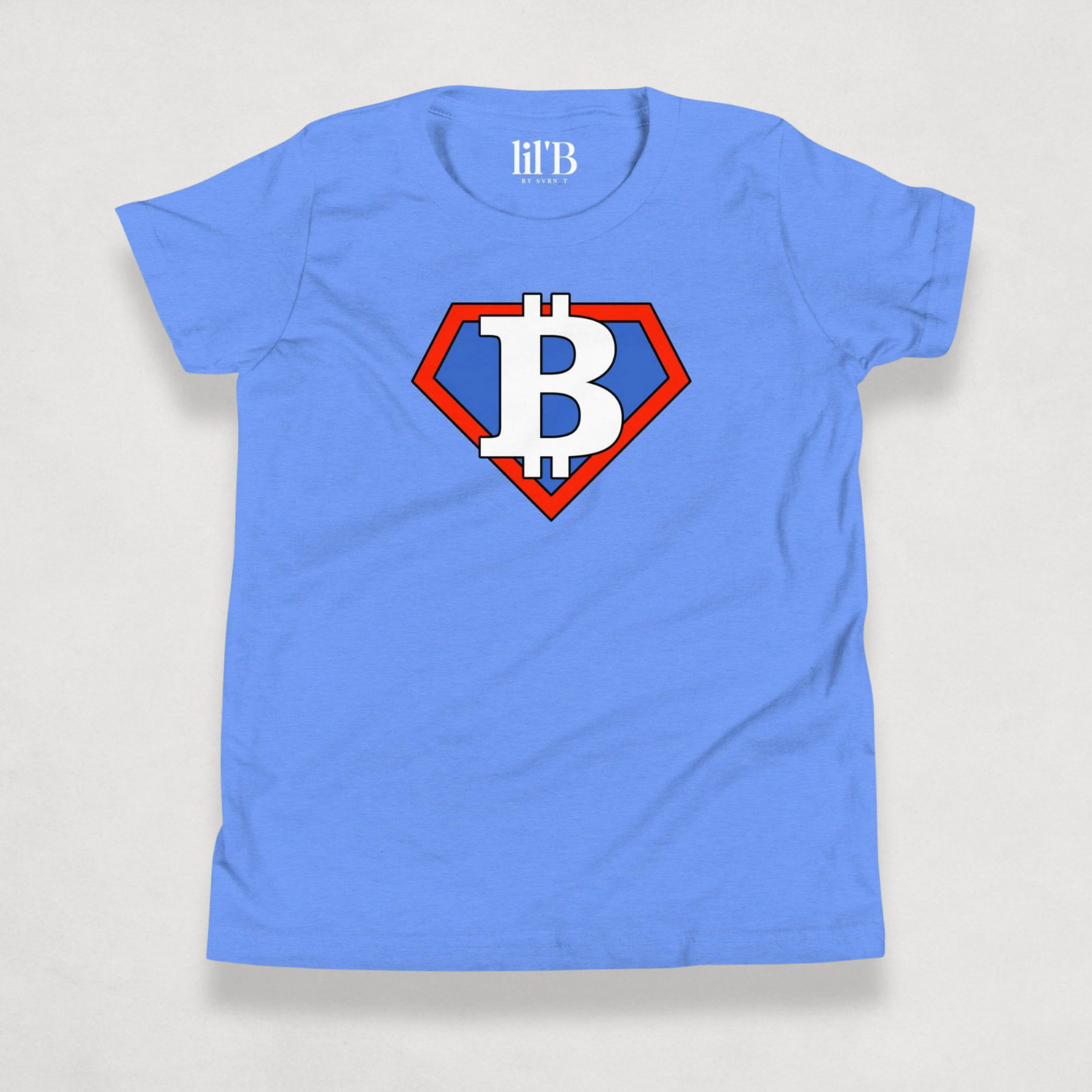 front of the Blue Bitcoin Tee for kids from the Super B Collection by li'B