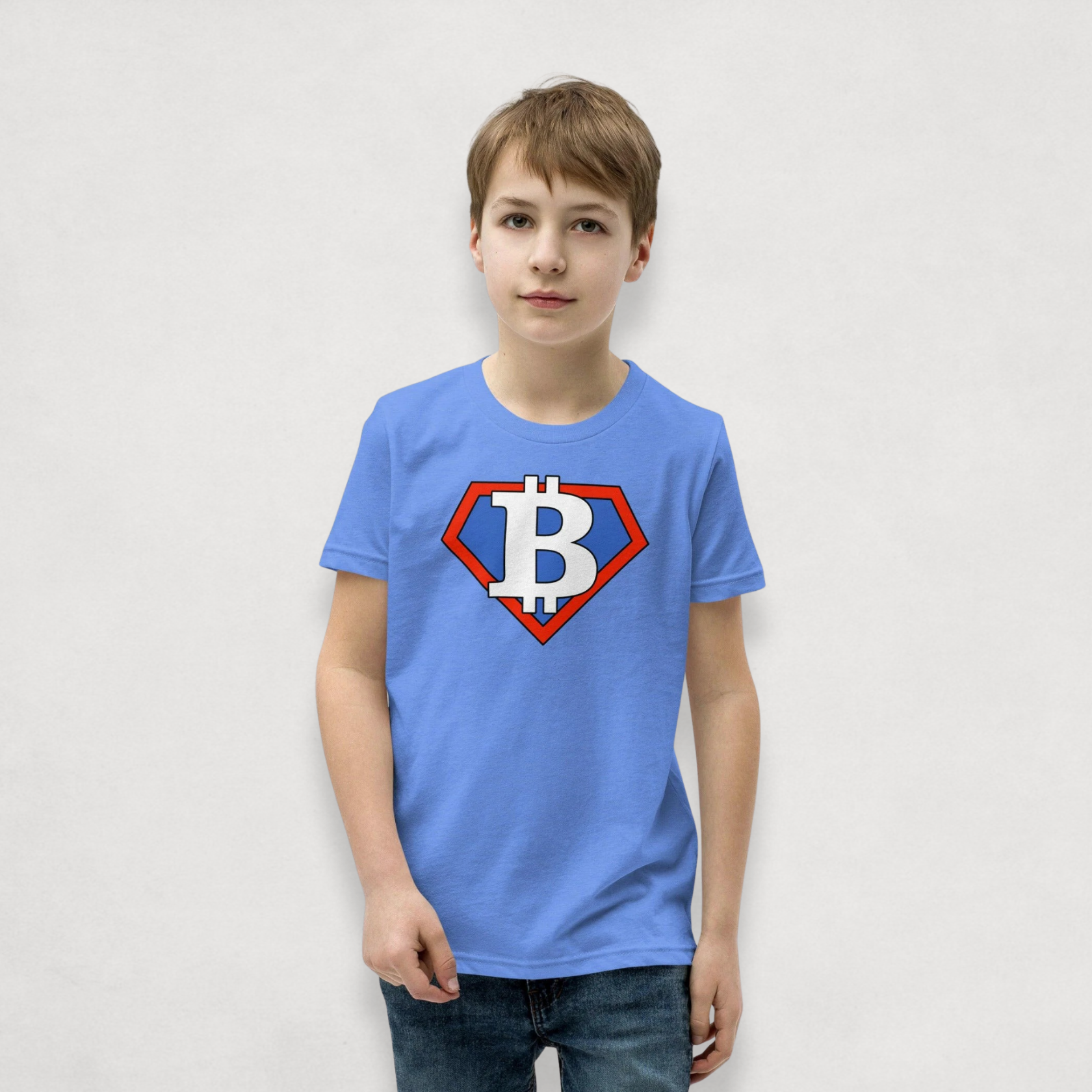 Boy wearing the Blue Bitcoin Tee for kids from the Super B Collection by li'B