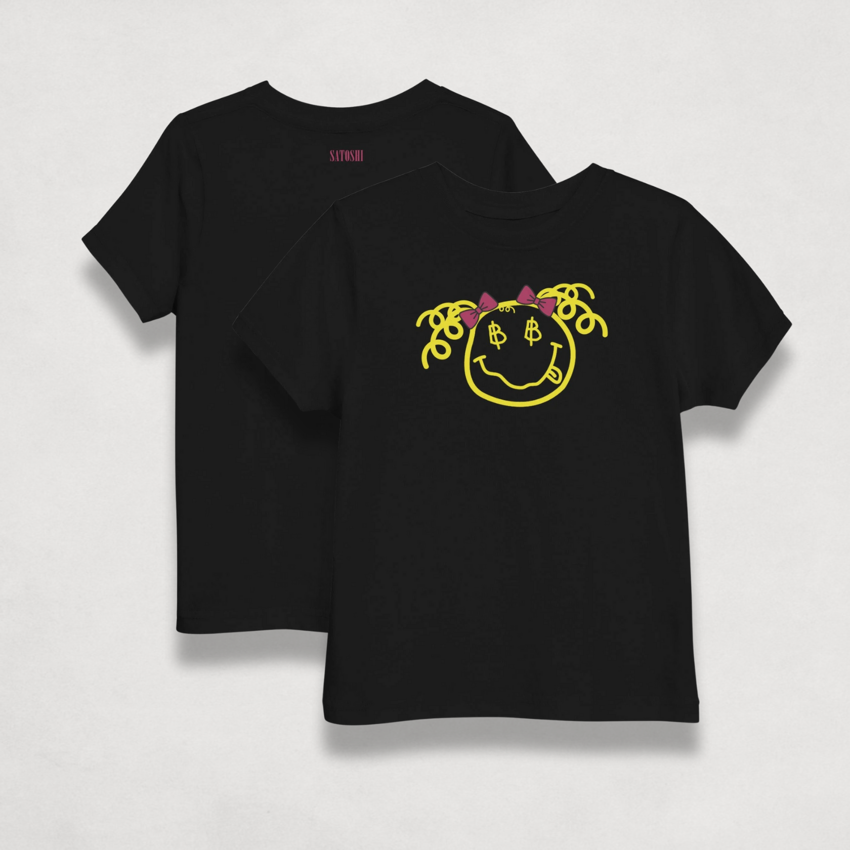 front and back of the Satoshi Smiles Girls Black Bitcoin T-shirt by lil'B
