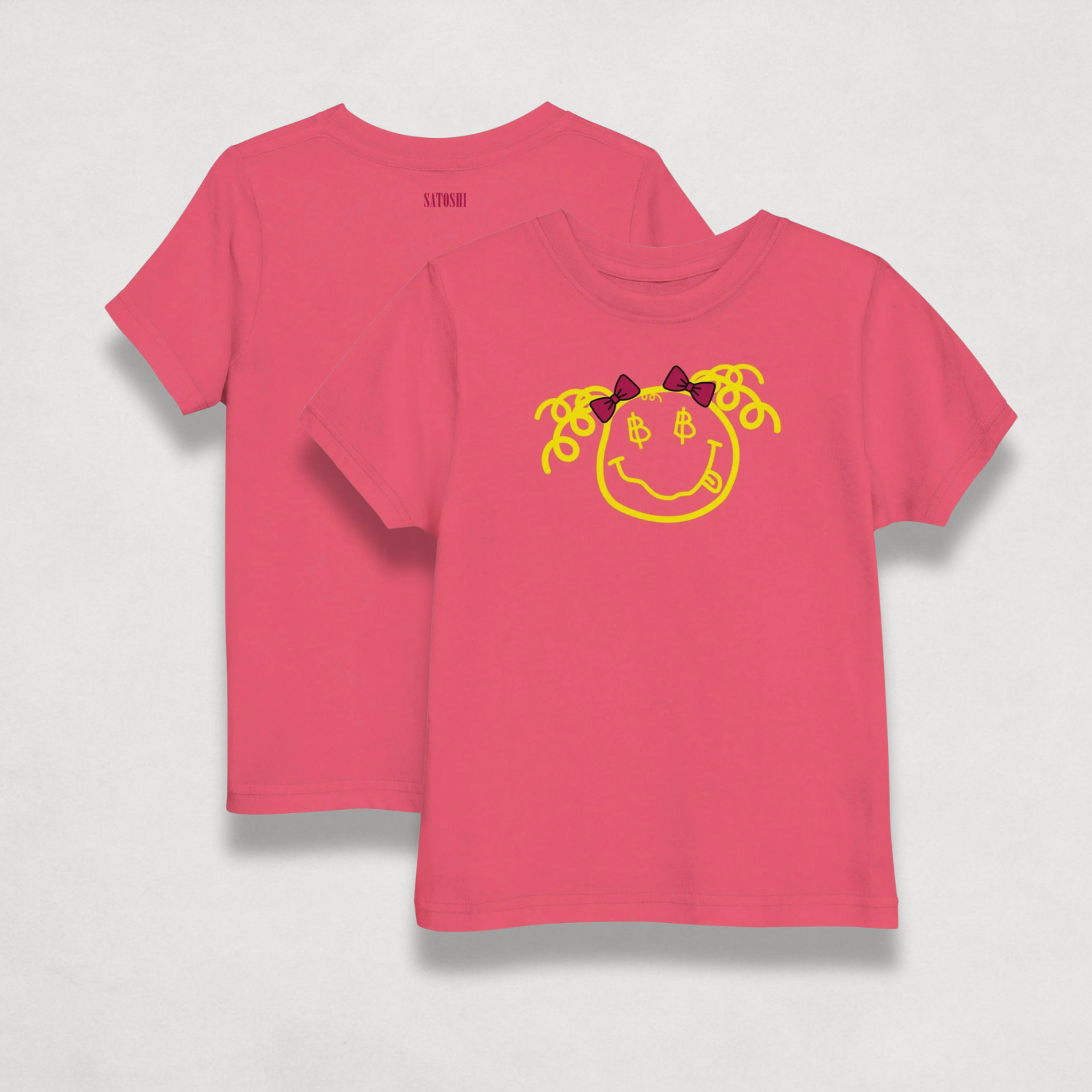 front and back Satoshi Smiles Girls Pink Bitcoin T-shirt for toddlers by lil'B