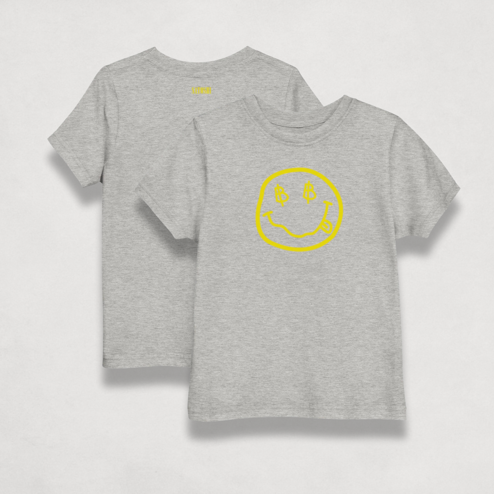front and back Satoshi Smiles Kids Heather Grey Bitcoin T-shirt by lil'B