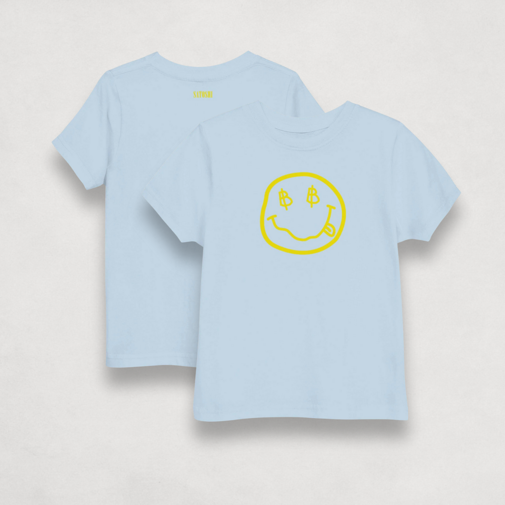 front and back image of Satoshi Smiles Kids light blue Bitcoin T-shirt by lil'B