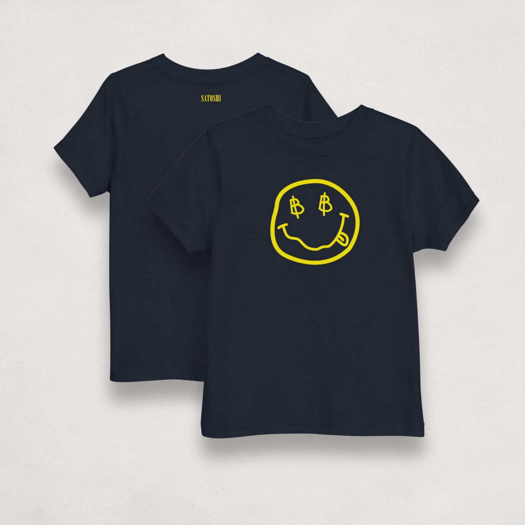 froont and back image of the Satoshi Smiles Kids navy blue Bitcoin T-shirt by lil'B