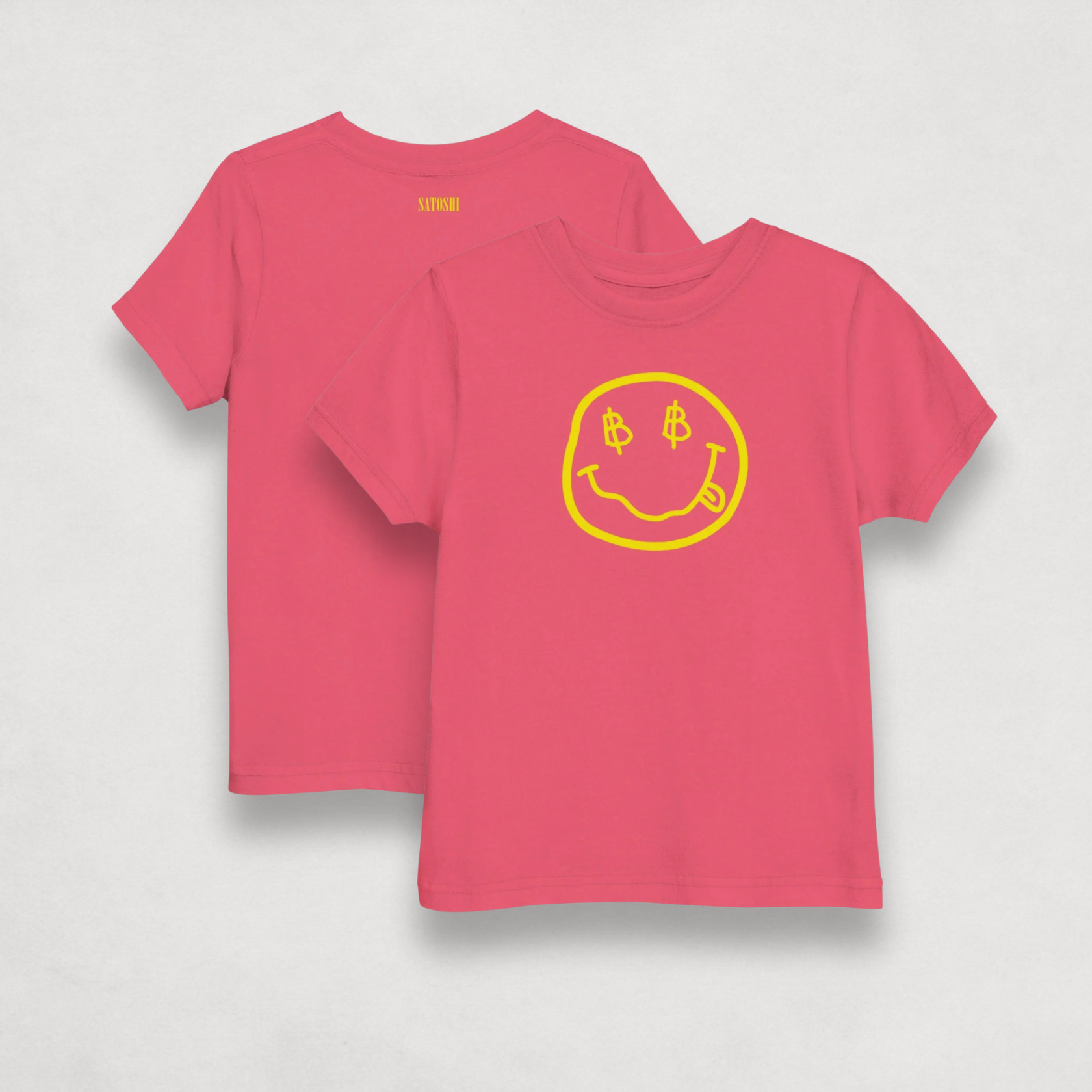 front and back Satoshi Smiles Kids pink Bitcoin T-shirt by lil'B