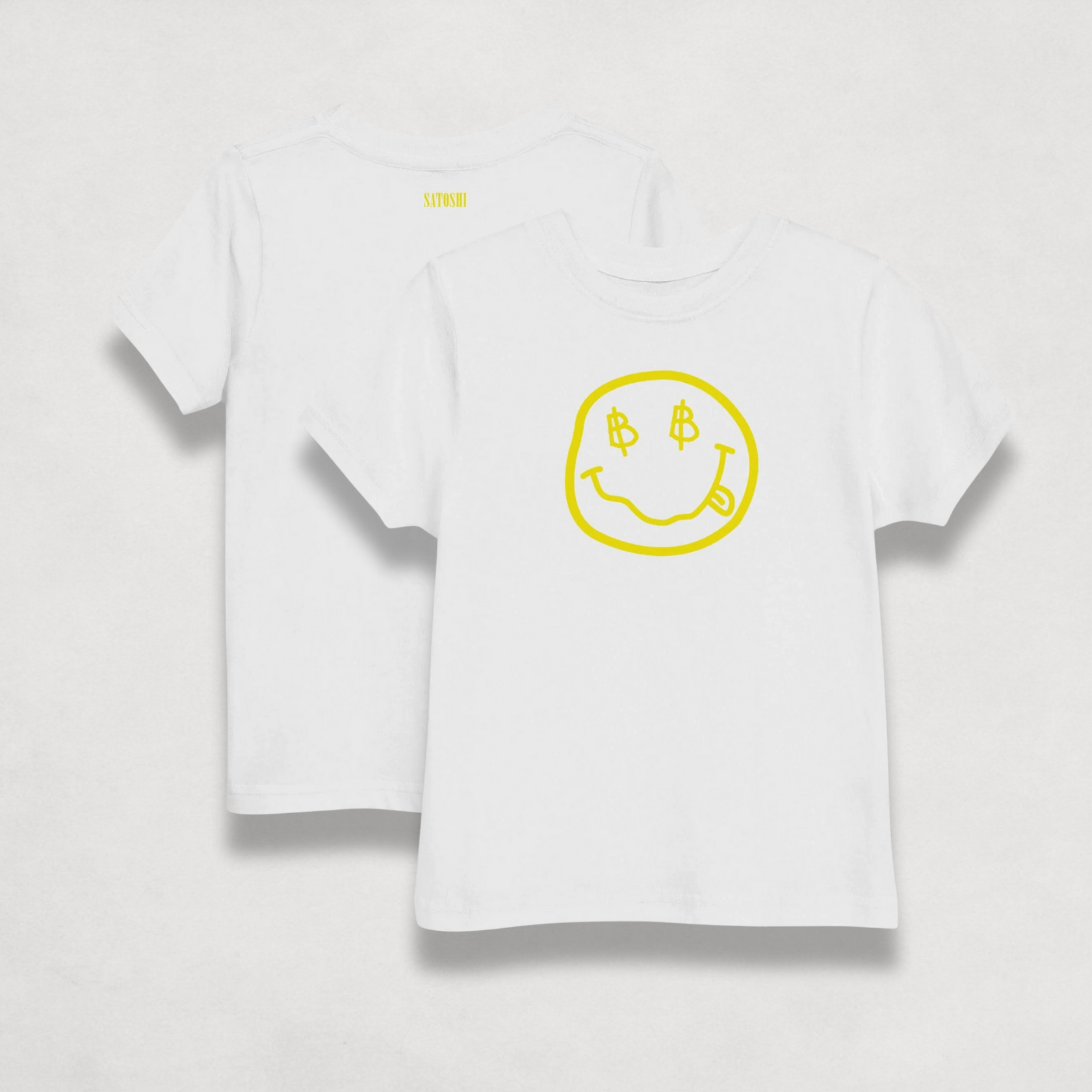 front and back of the Satoshi Smiles Kids white Bitcoin T-shirt by lil'B