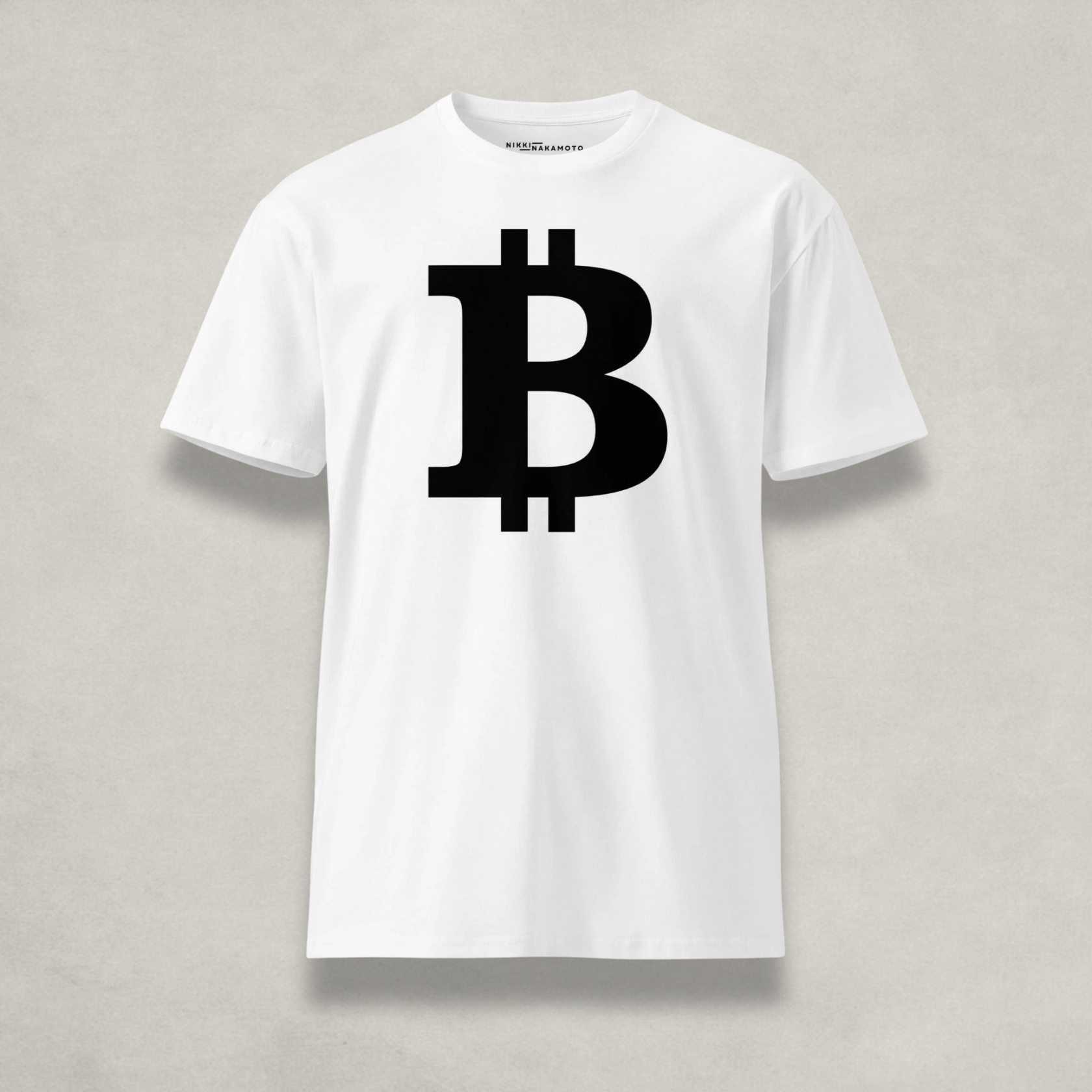 Front of the Womens Premium Bitcoin T-Shirt from The B Collection by Nikki Nakamoto Front view of white and black
