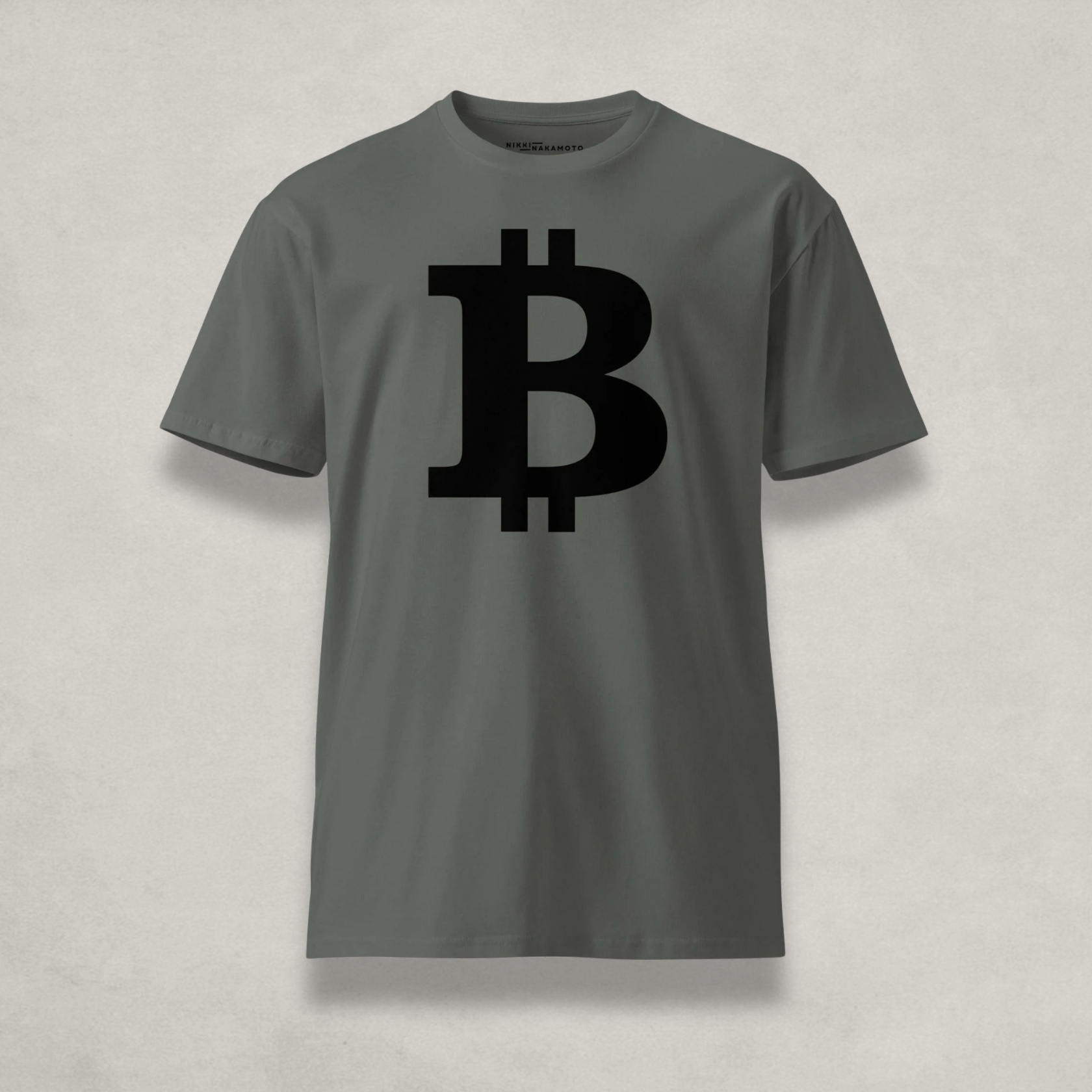 Front of the Womens Premium Bitcoin T-Shirt from The B Collection by Nikki Nakamoto in grey and black