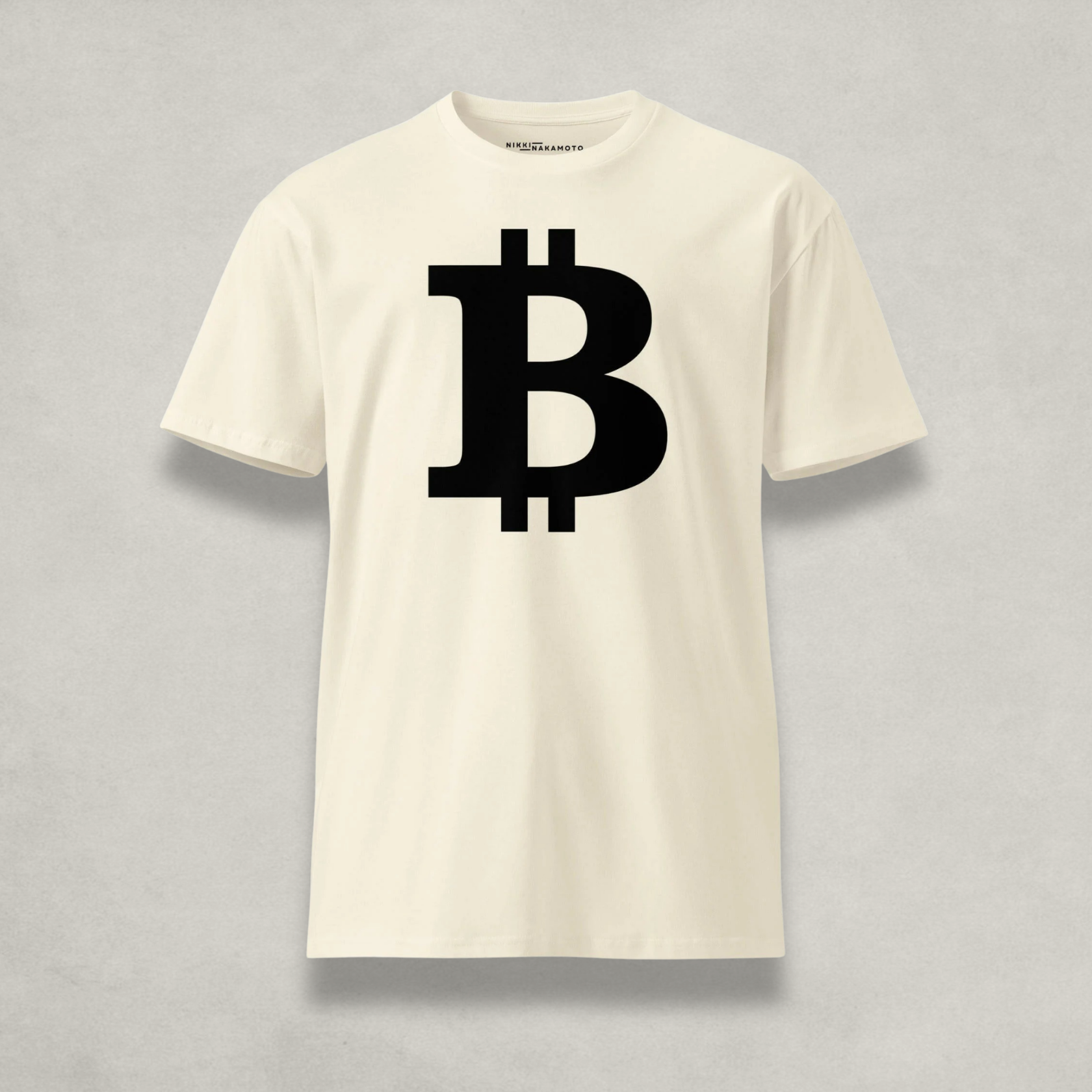 Front of the Womens Premium Bitcoin T-Shirt from The B Collection by Nikki Nakamoto Front view in cream and black