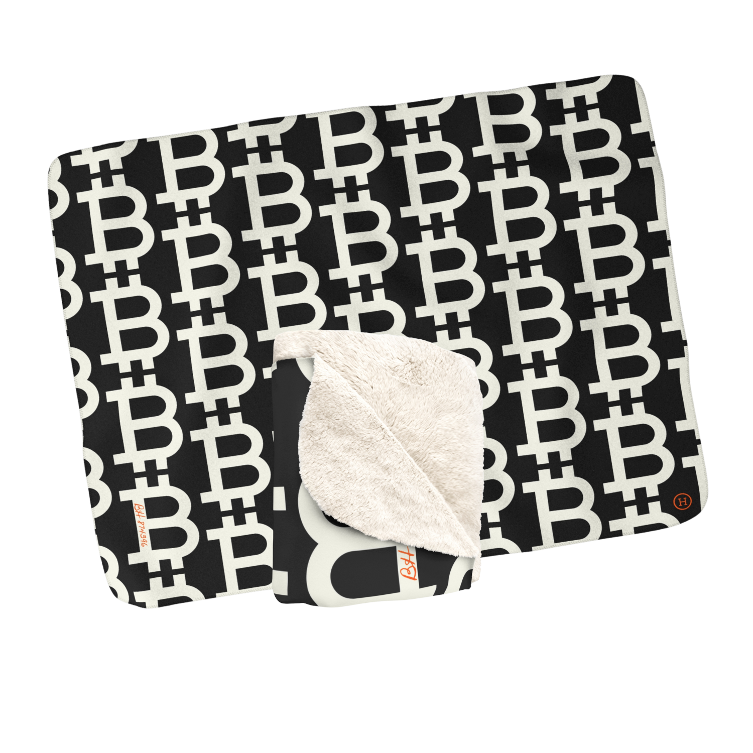 Bitcoin home and office decor with a black and off-white colored bitcoin throw with bitcoin B pattern.
