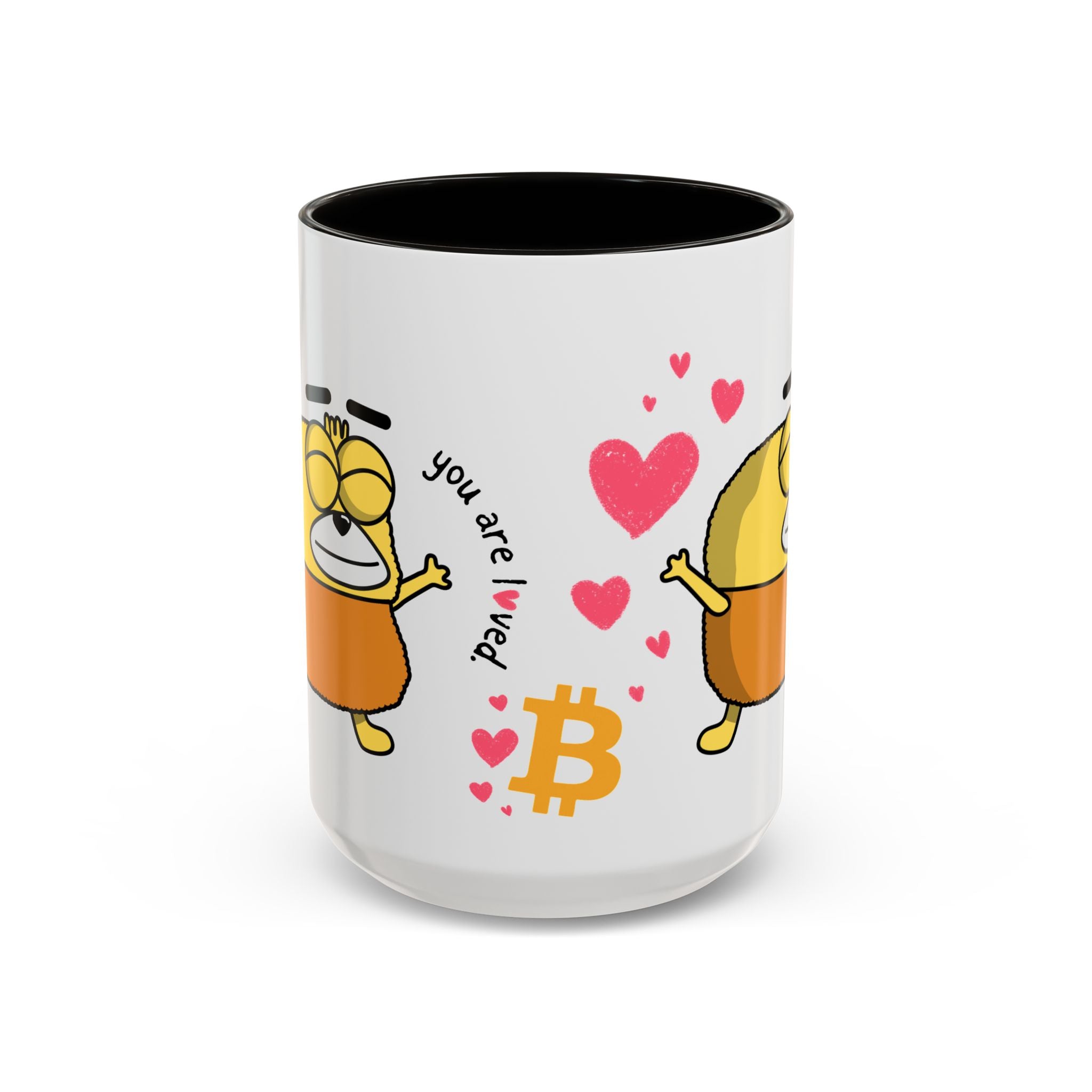 White Bitcoin mug with yellow the bitcoin meme cartoon character