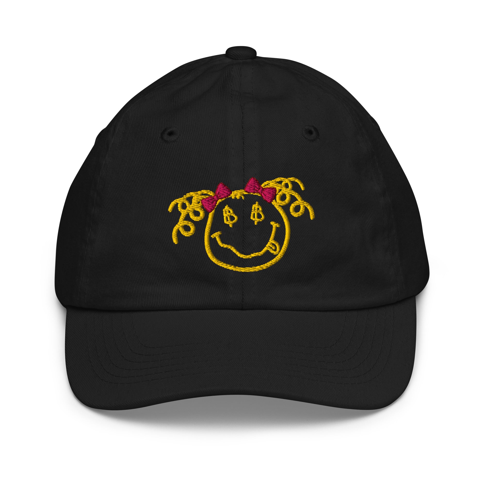 Youth girls’ baseball hat in soft pink with a yellow smiley face featuring Bitcoin B eyes, embroidered on the front. Adjustable back strap with brass buckle.