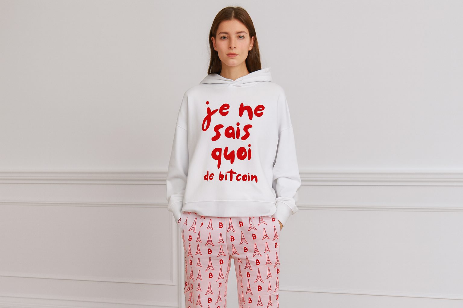 Generated image of female model wearing white "je ne sais quoi de bitcoin" hoodie with matching Eiffel Tower and Bitcoin print wide-leg pants