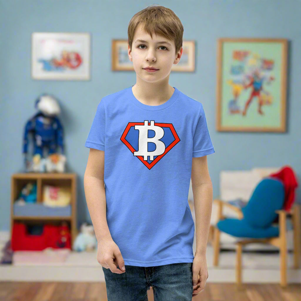Boy standing in his room wearing a SUPER B Kids' Bitcoin T-Shirt - Lil'B - The Orange Habit