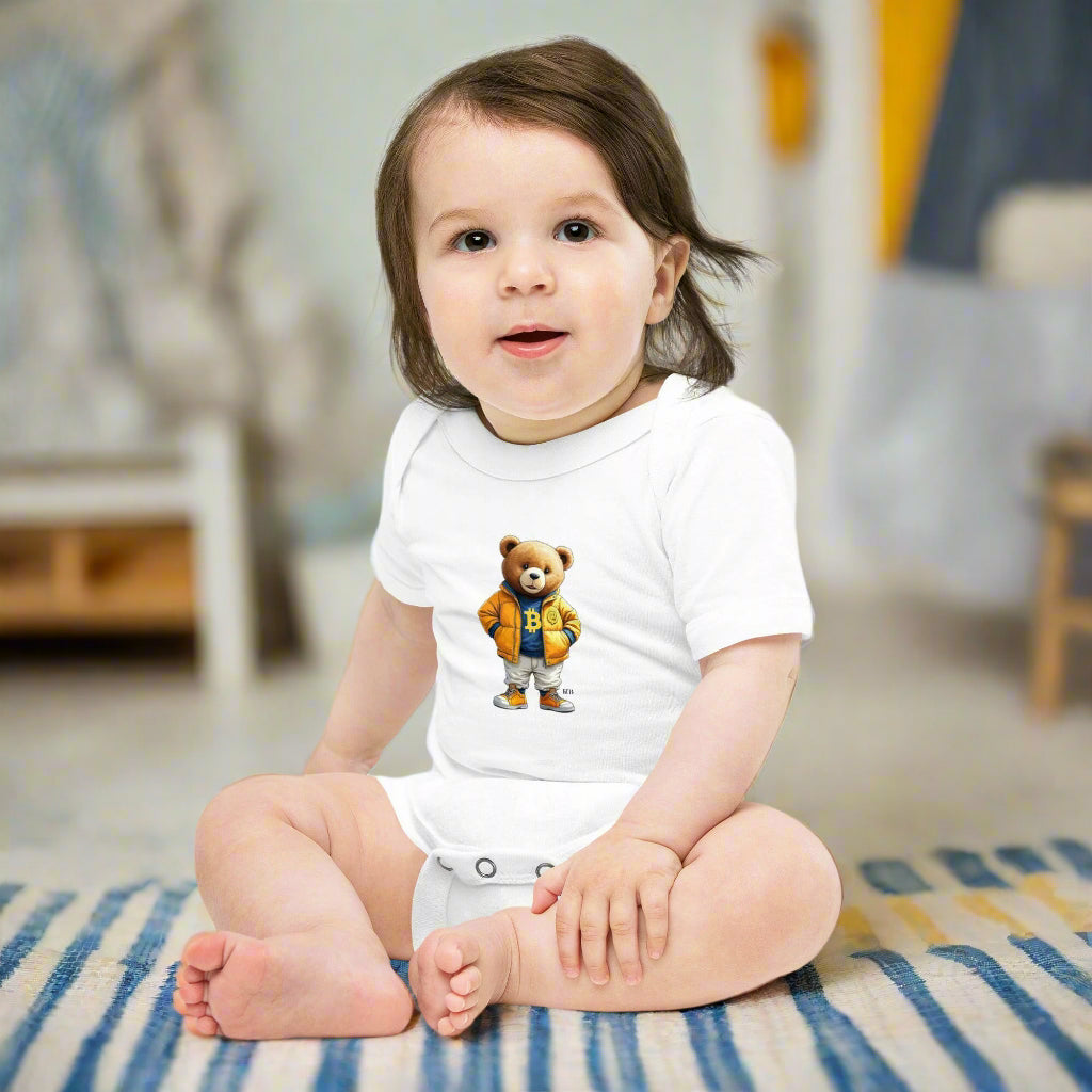 Baby boy a Bearish Bitcoin Onesie sitting on the floor in his room - Lil'B - The Orange Habit