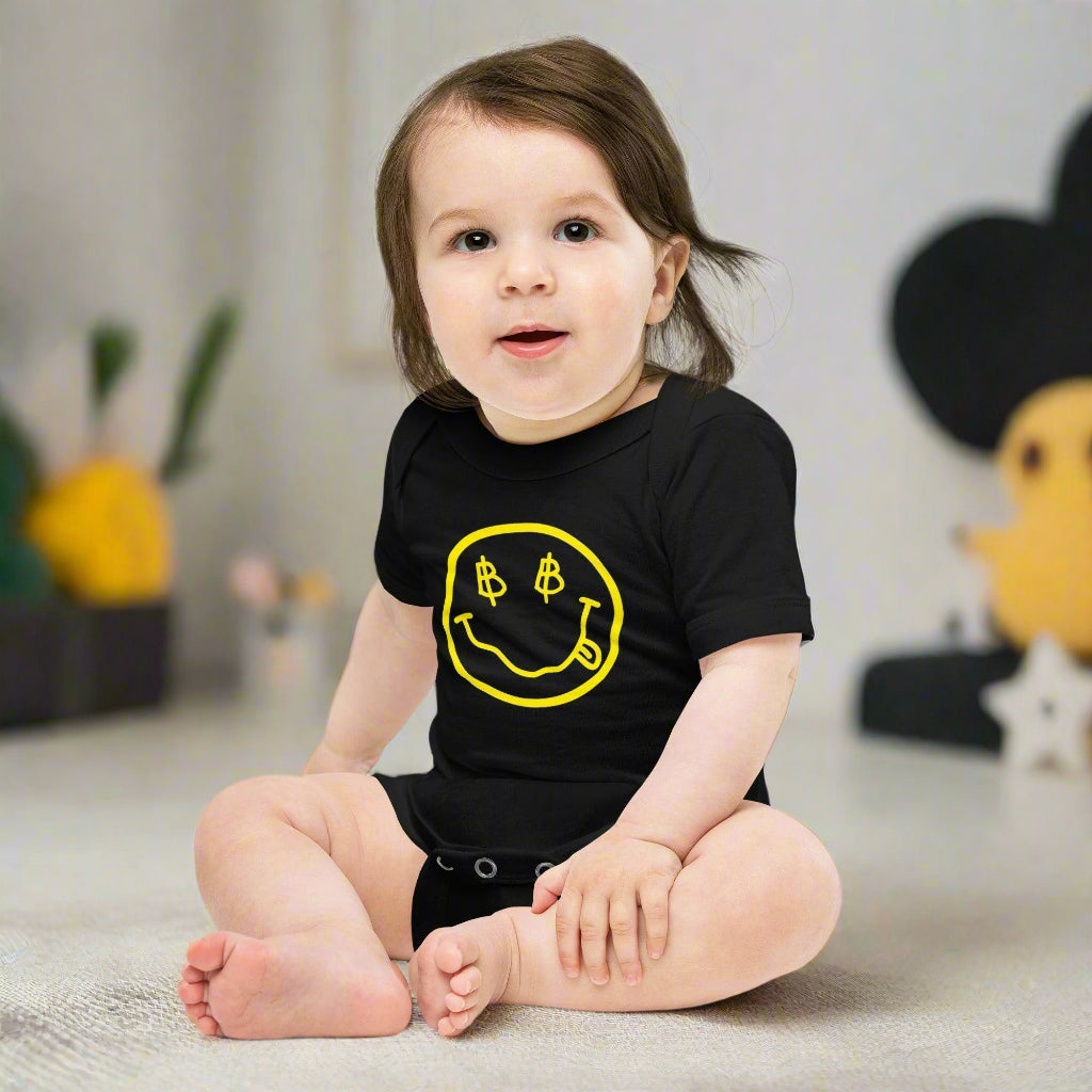 baby wearing the black SATOSHI Smiles Bitcoin Onesie - Lil'B - The Orange Habit
