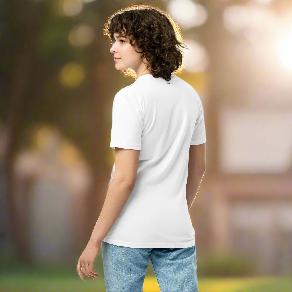 woman wearing THE B / Premium Bitcoin T-shirt - Nikki Nakamoto - The Orange Habit - in white and black side view