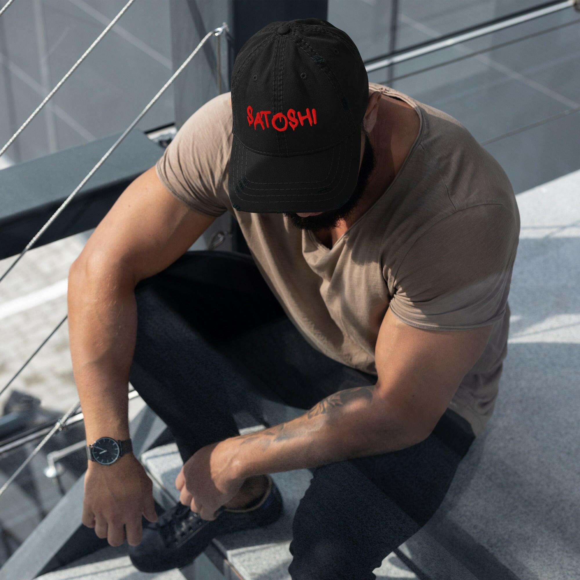 SATOSHI RED / Distressed Bitcoin Dad Hat - SVRN_T Hats - The Orange Habit
