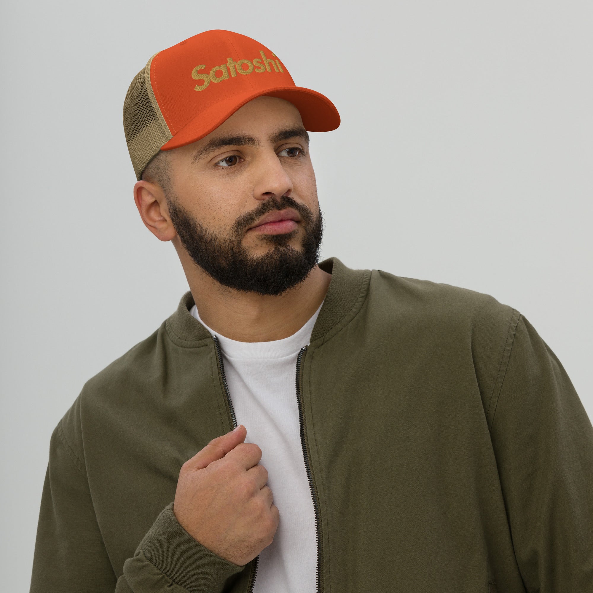 SATOSHI / Bitcoin Trucker Cap (Gold) - SVRN_T Hats - The Orange Habit