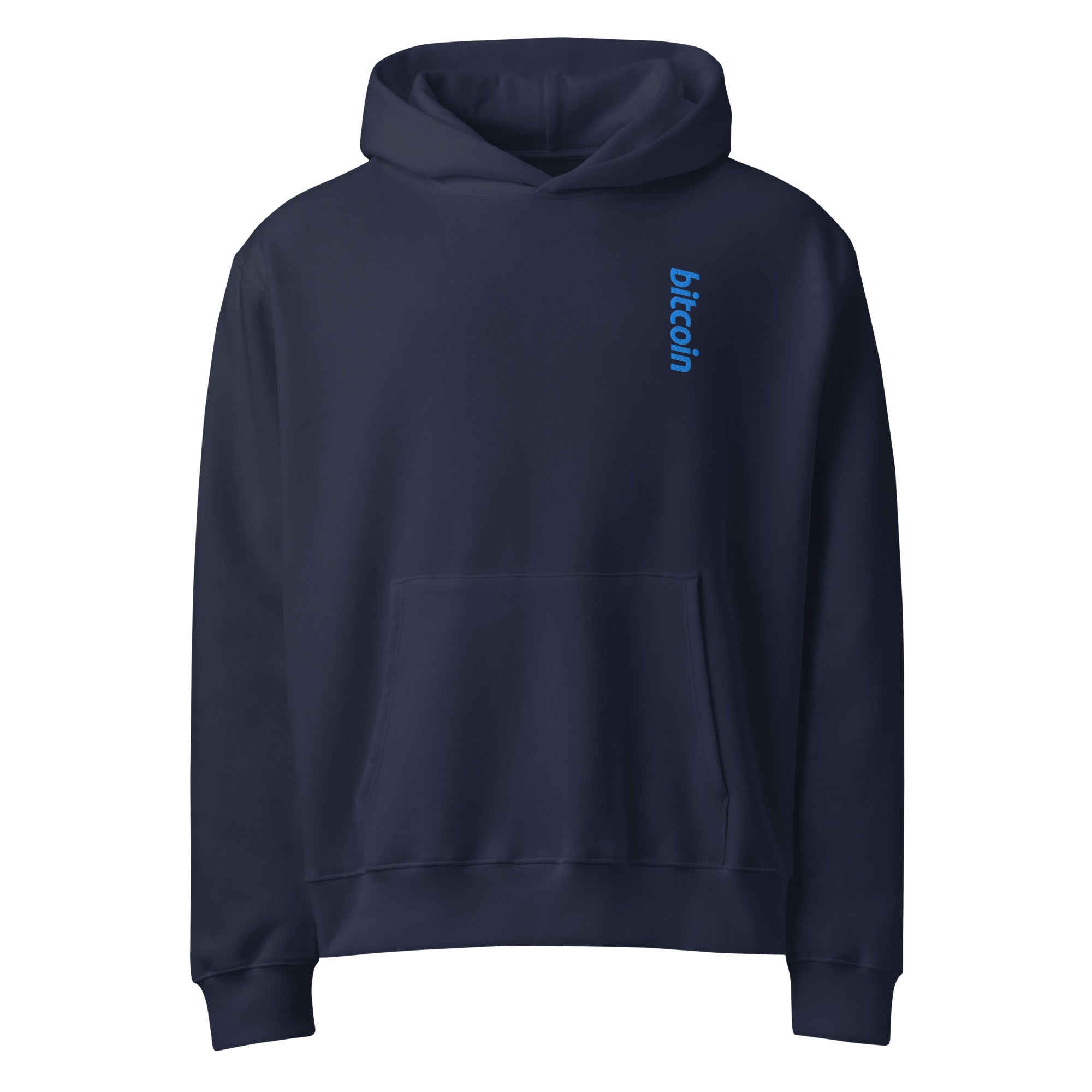 blue oversized hoodie by svrn_t with blue bitcoin logo embroidered | the orange habit
