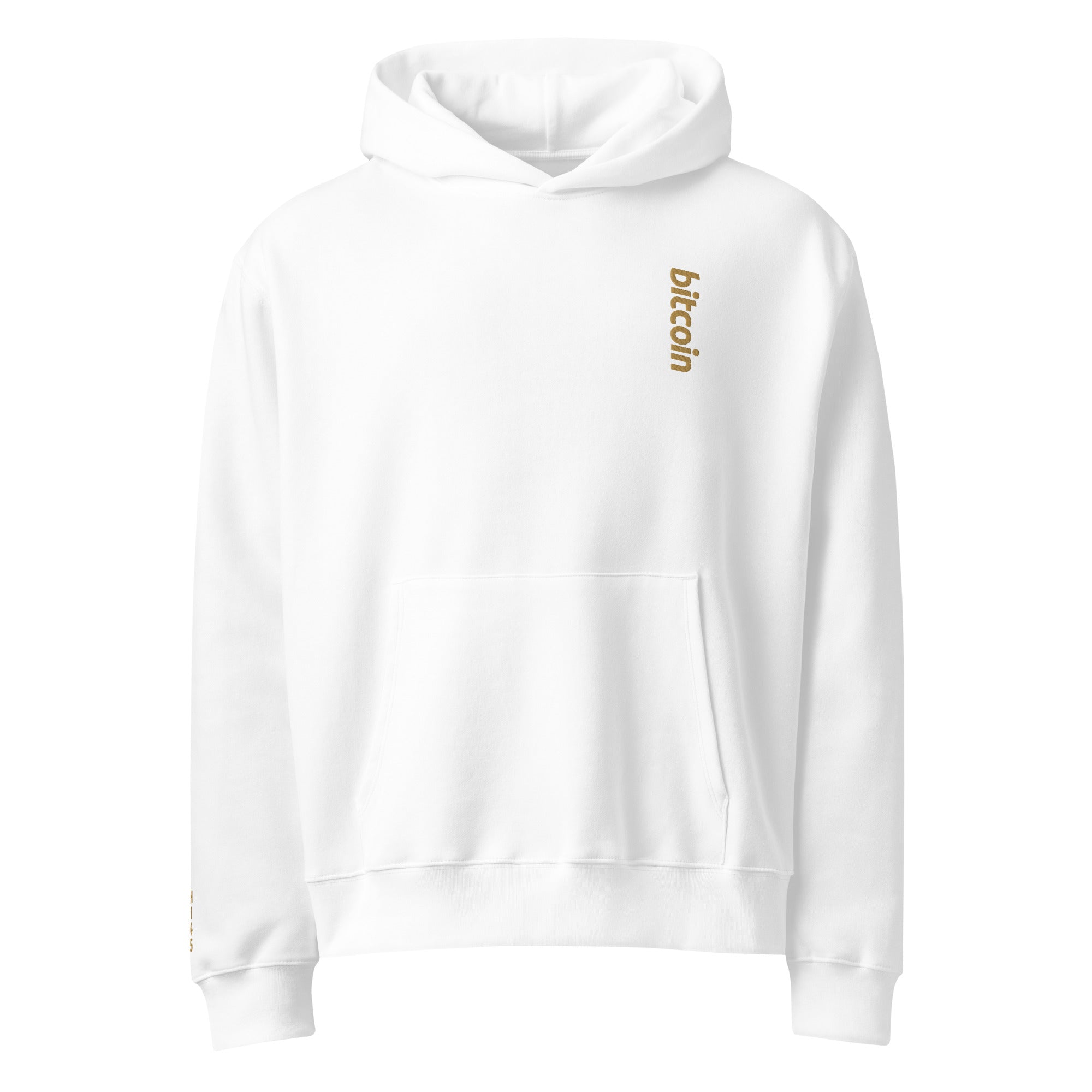 white bitcoin hoodie with gold bitcoin logo embroidery | the orange habit