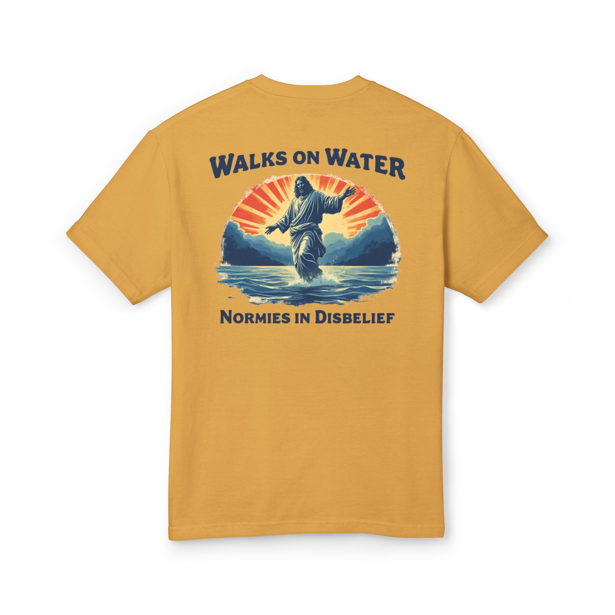 Yellow t-shirt with a graphic of Jesus walking on water and text on a white background