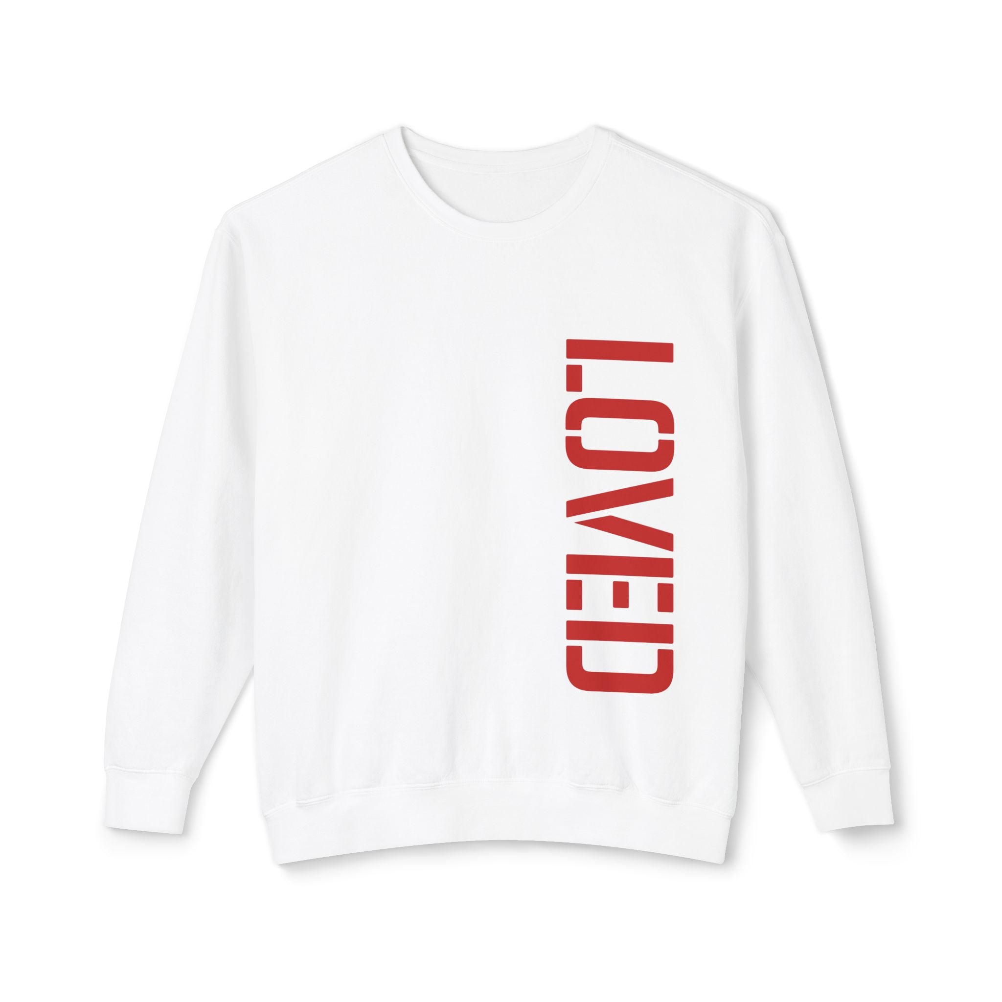 White Christian sweatshirt by Praise Society with 'LOVED' printed in red on a white background
